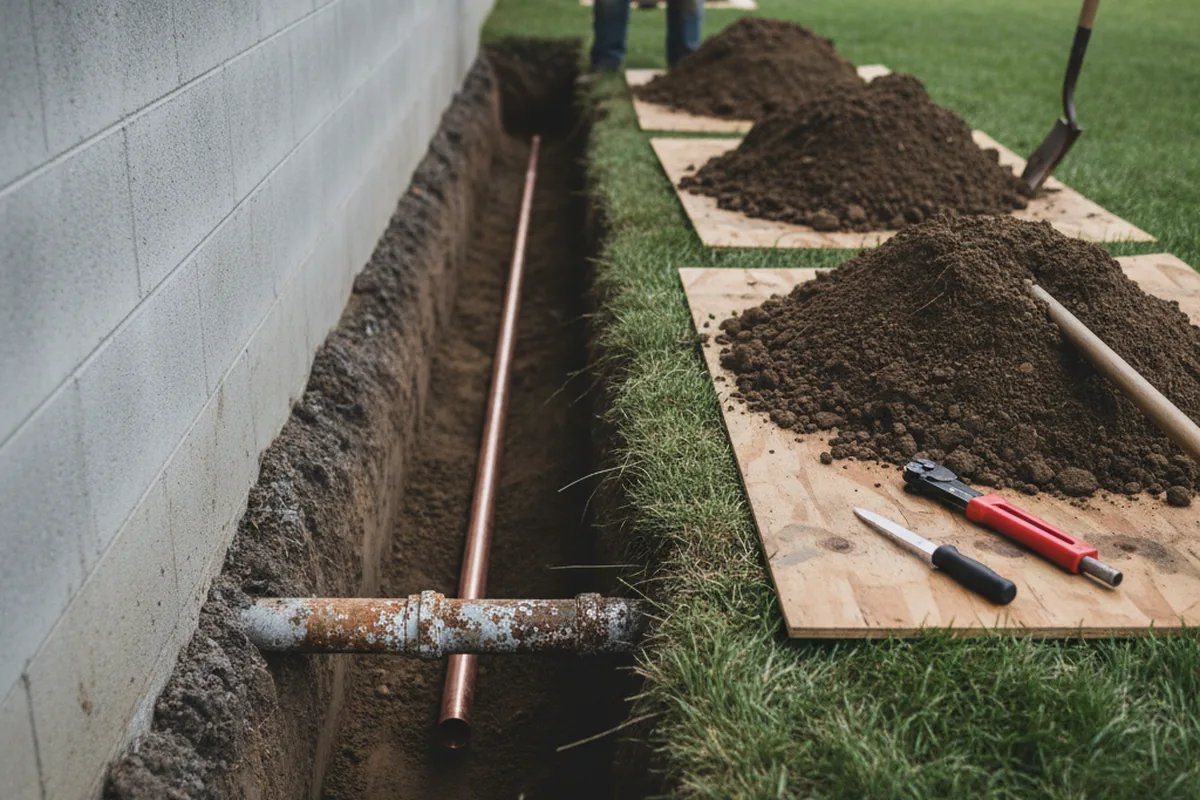 Excavated water line trench during Water Softener Installation in Mill Creek
